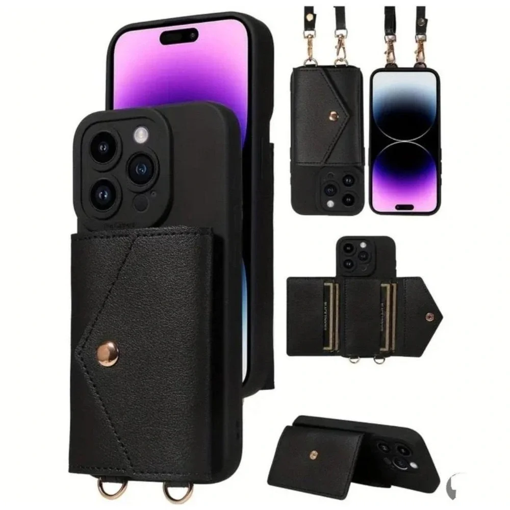 Faux‎ leather black iPhone14pro cellphone case with purse strap and card holders